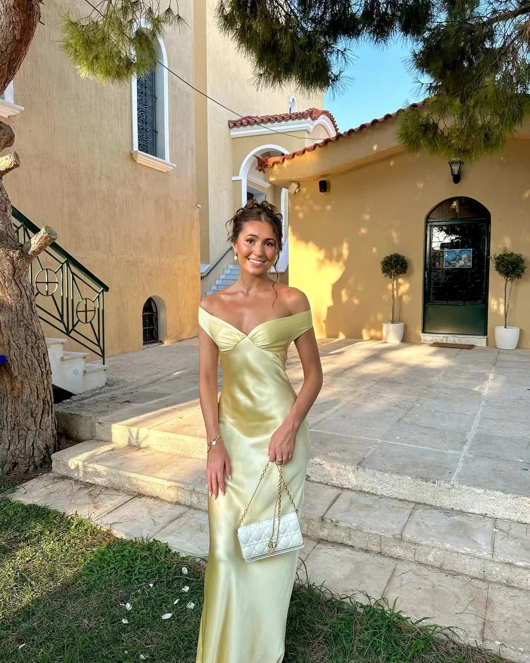 Florence | Off Shoulder Yellow Maxi Dress with Clutch