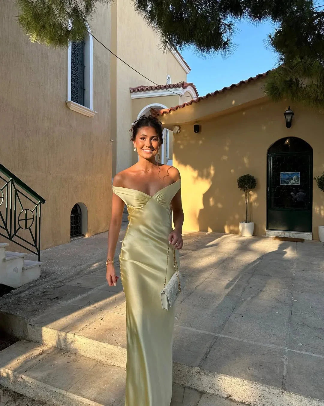 Florence | Off Shoulder Yellow Maxi Dress with Clutch