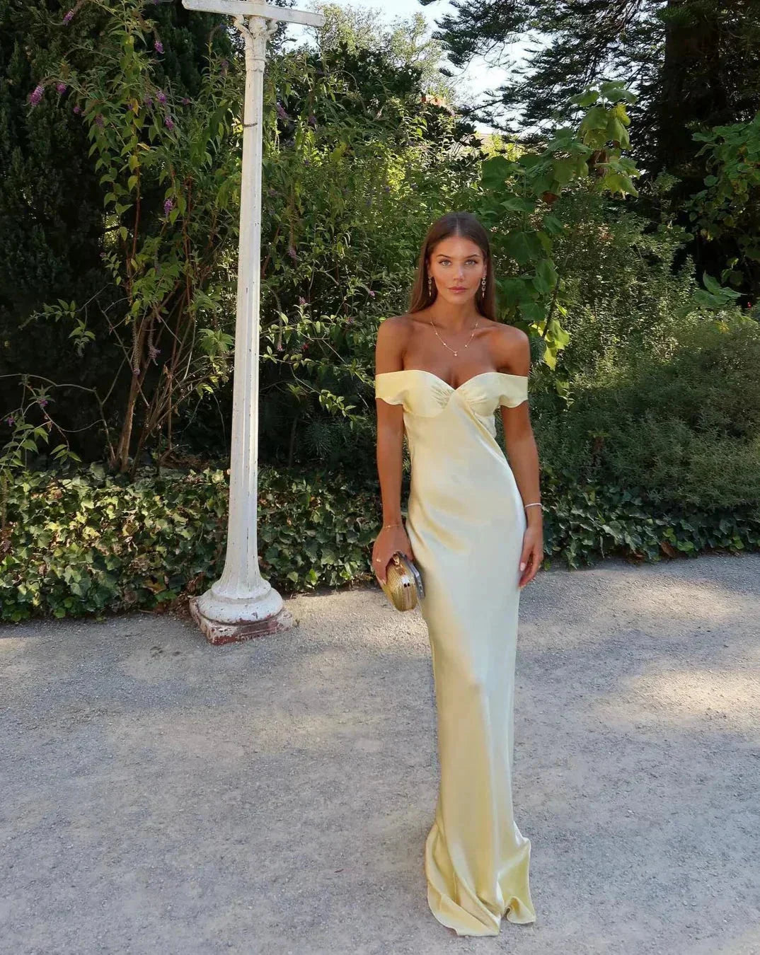 Florence | Off Shoulder Yellow Maxi Dress with Clutch