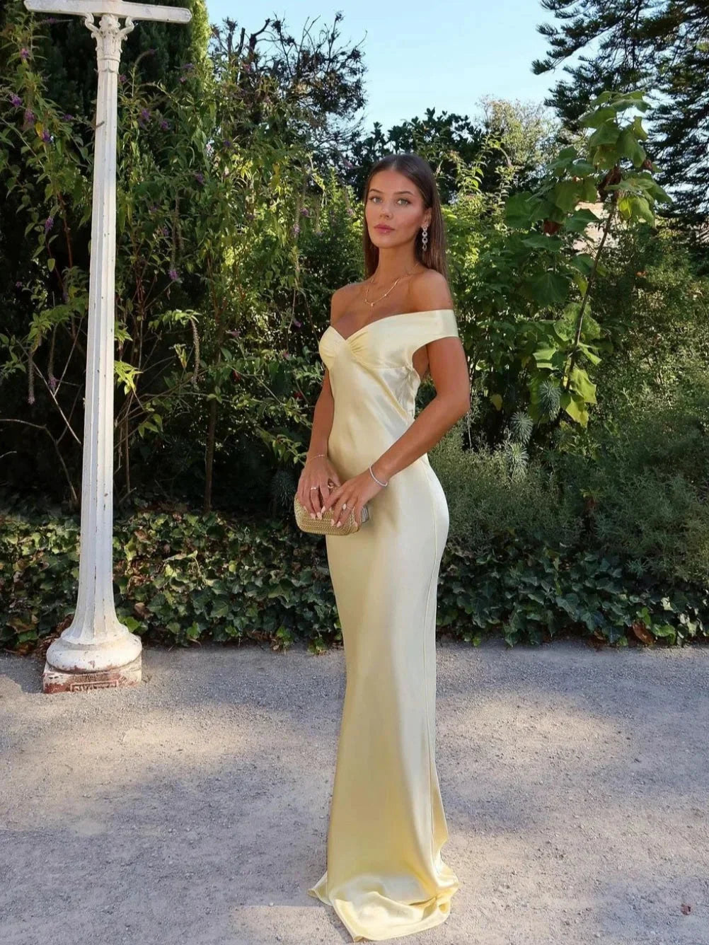 Florence | Off Shoulder Yellow Maxi Dress with Clutch