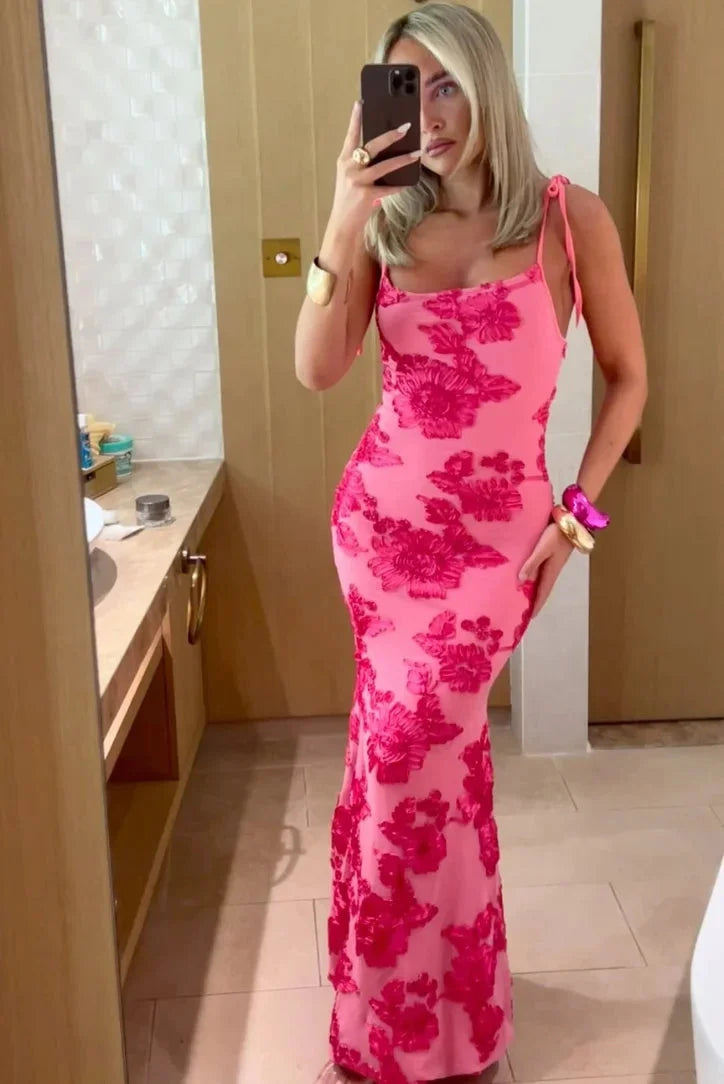 Harriet | Women’s Pink Floral Maxi Dress with Elegant Shoulder Ties